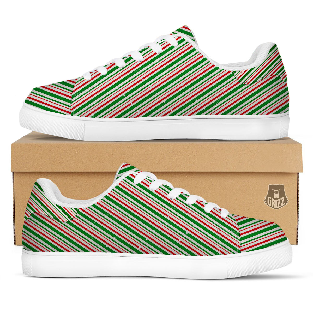White Candy Cane And Red Green Print White Low Top Sneakers-grizzshop