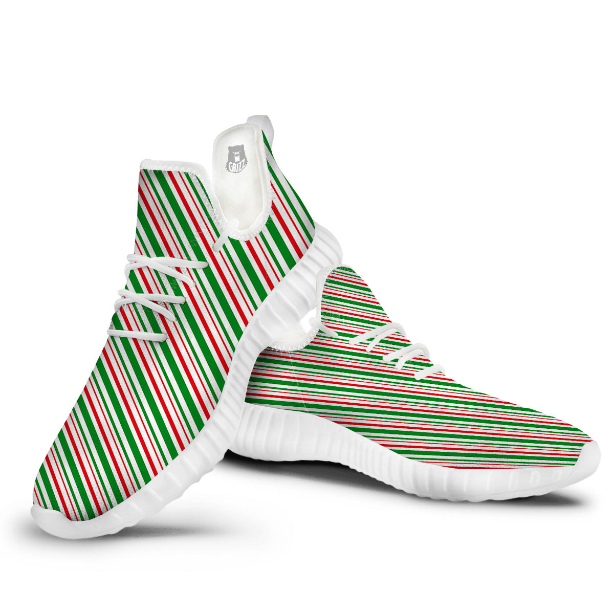 White Candy Cane And Red Green Print White Walking Shoes-grizzshop