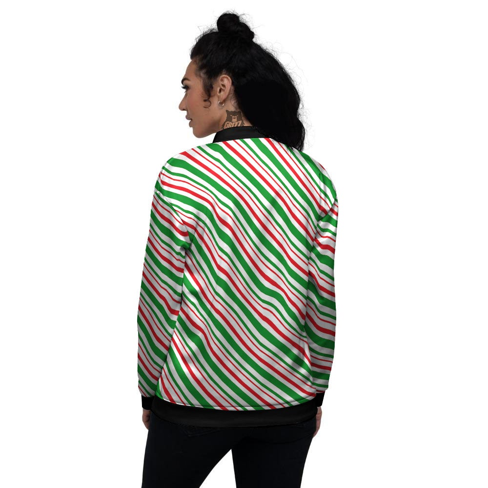 White Candy Cane And Red Green Print Women's Bomber Jacket-grizzshop