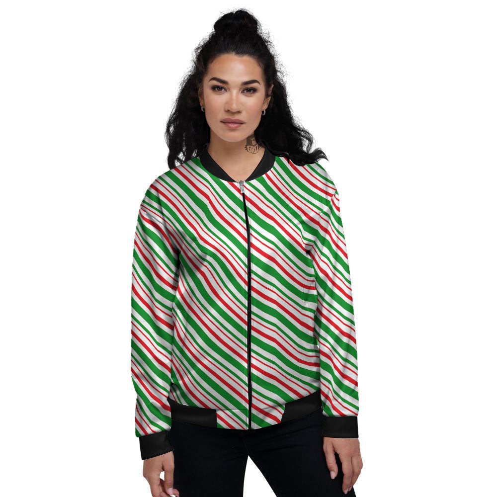 White Candy Cane And Red Green Print Women's Bomber Jacket-grizzshop