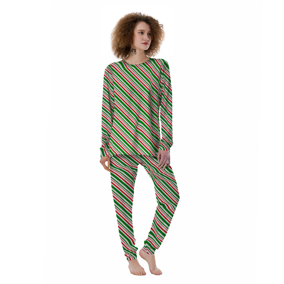 White Candy Cane And Red Green Print Women's Pajamas-grizzshop
