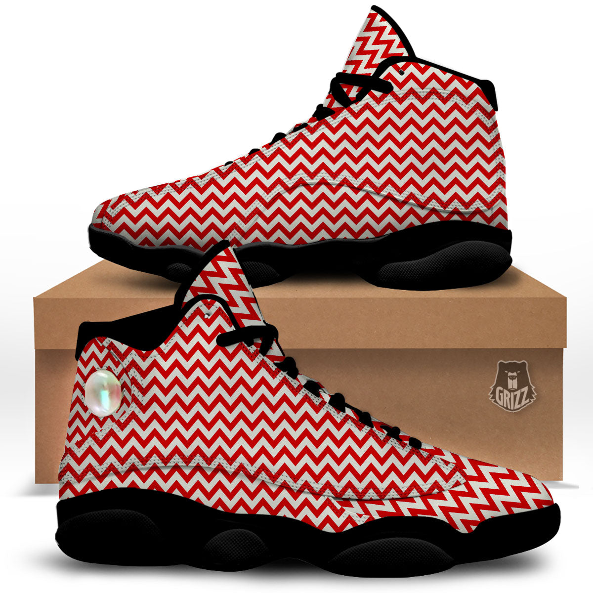 White Chevron And Beige Red Print Black Basketball Shoes-grizzshop