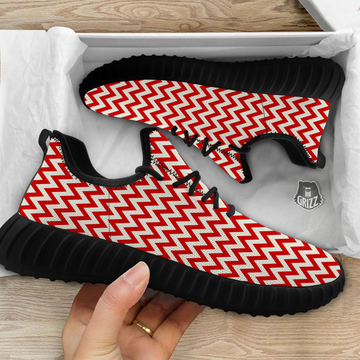 White Chevron And Beige Red Print Black Walking Shoes-grizzshop