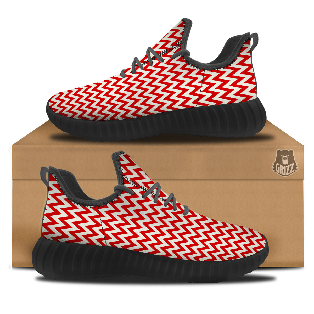 White Chevron And Beige Red Print Black Walking Shoes-grizzshop