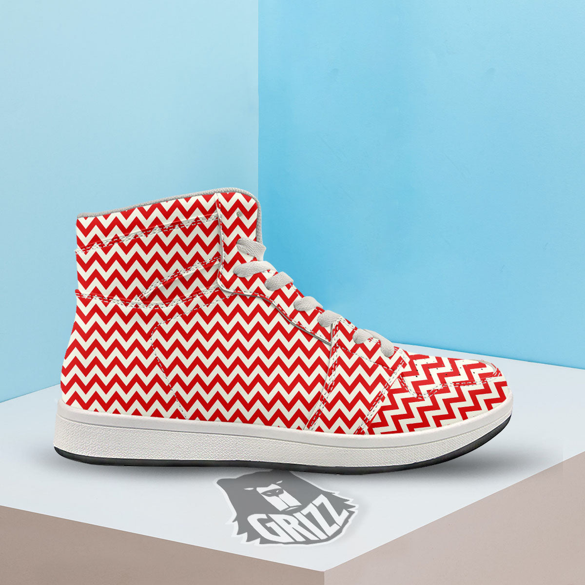 White Chevron And Beige Red Print High Top Sneakers-grizzshop