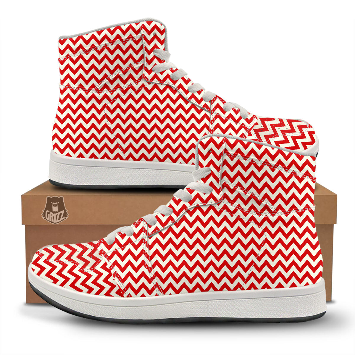 White Chevron And Beige Red Print High Top Sneakers-grizzshop