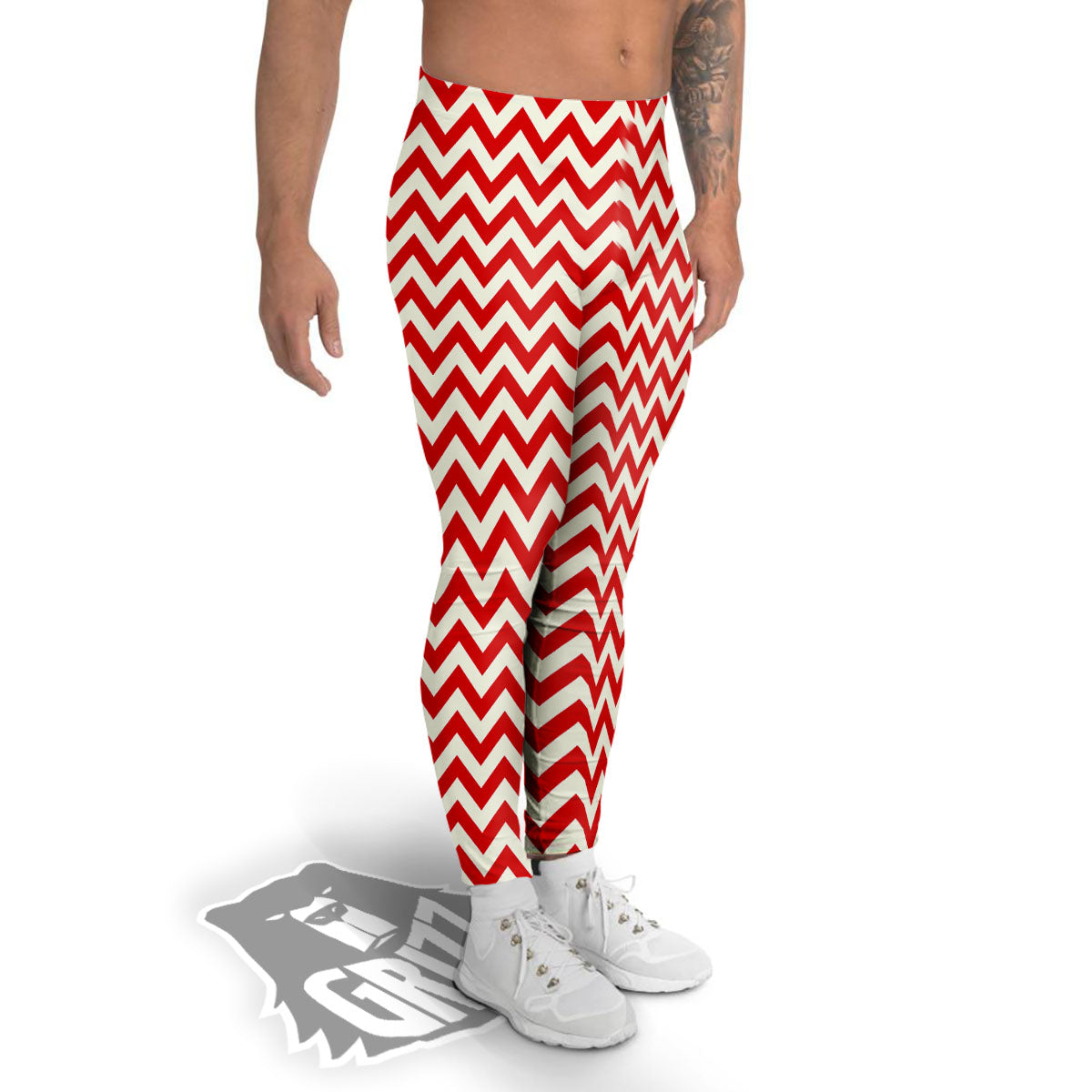 White Chevron And Beige Red Print Men's Leggings-grizzshop