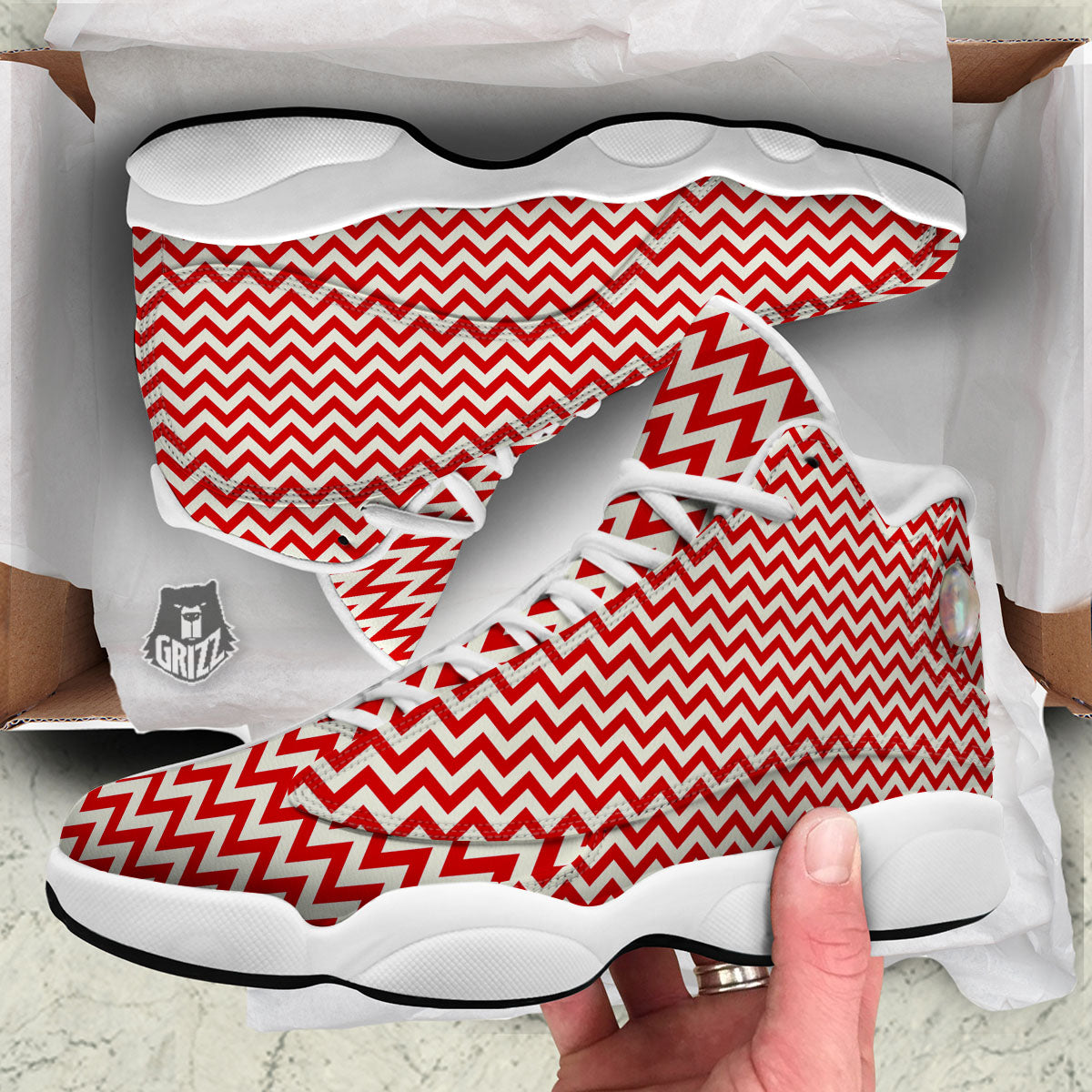 White Chevron And Beige Red Print White Basketball Shoes-grizzshop