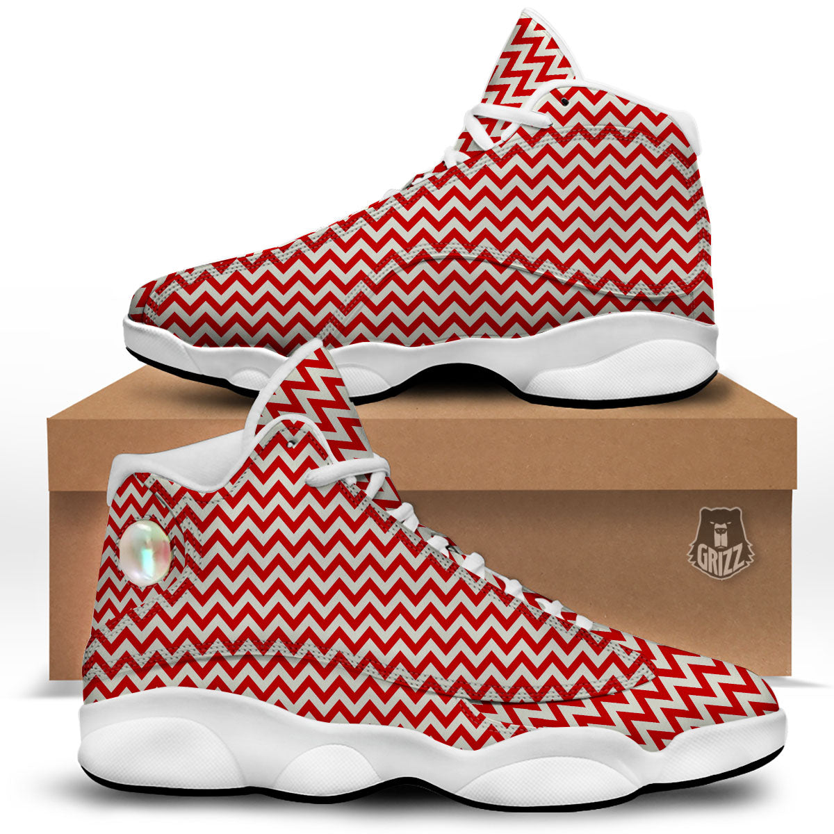 White Chevron And Beige Red Print White Basketball Shoes-grizzshop