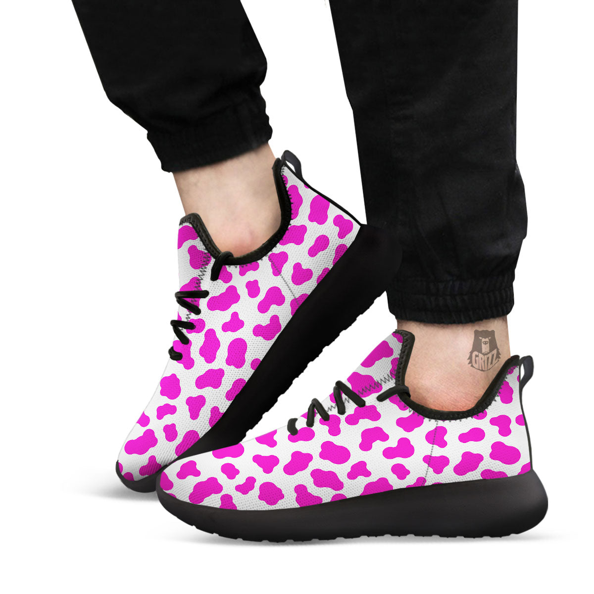White Cow And Hot Pink Print Black Athletic Shoes-grizzshop