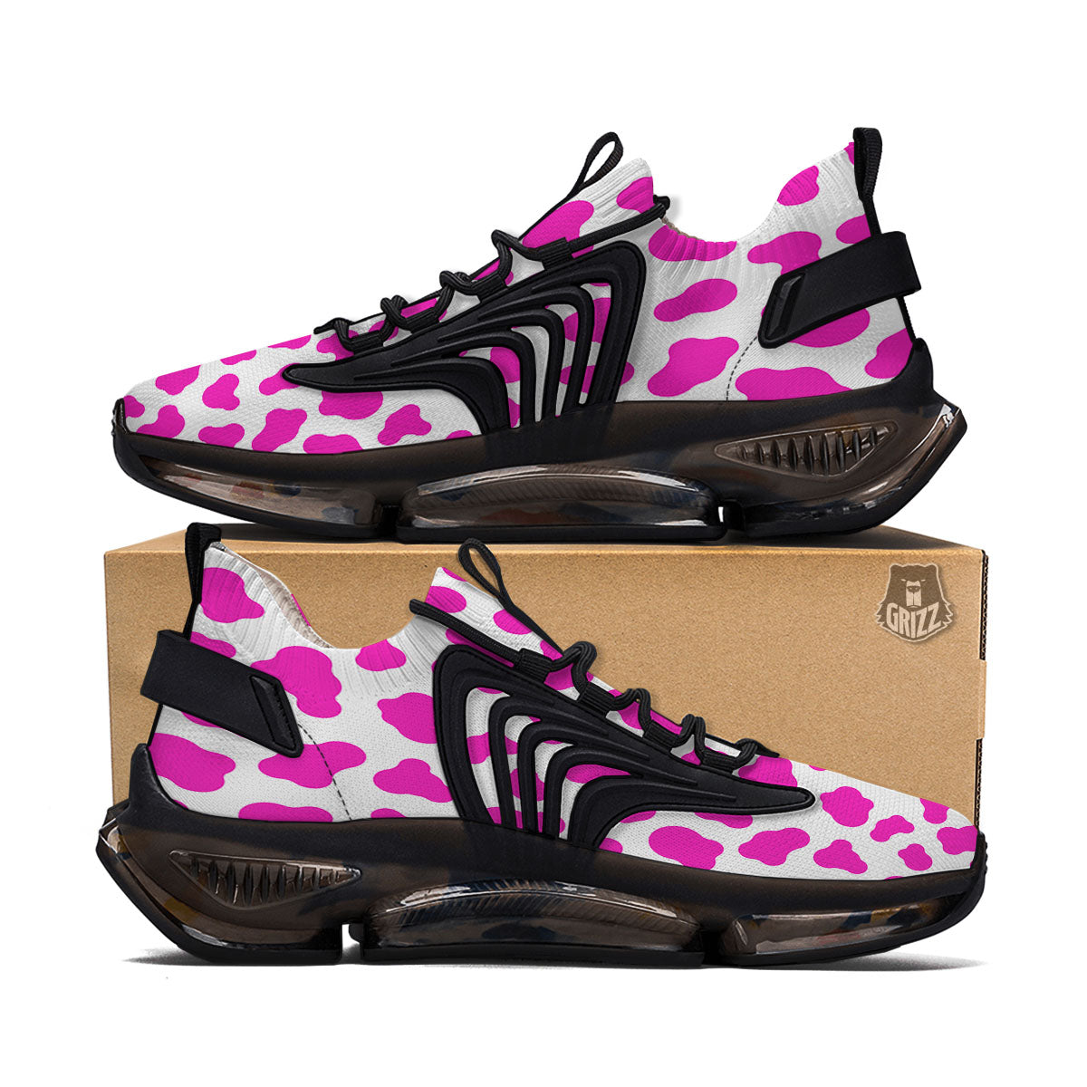 White Cow And Hot Pink Print Black Gym Shoes-grizzshop