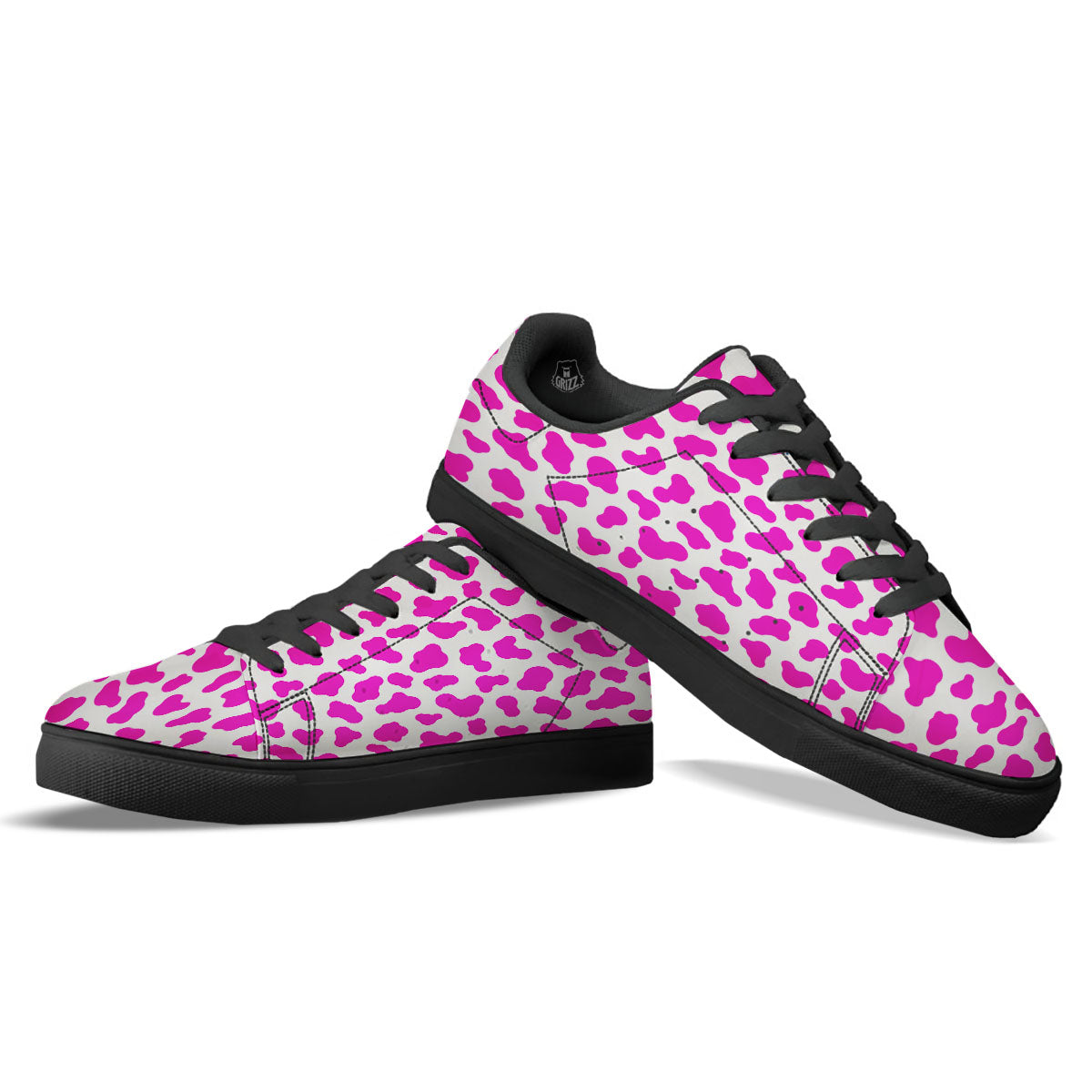White Cow And Hot Pink Print Black Low Top Sneakers-grizzshop