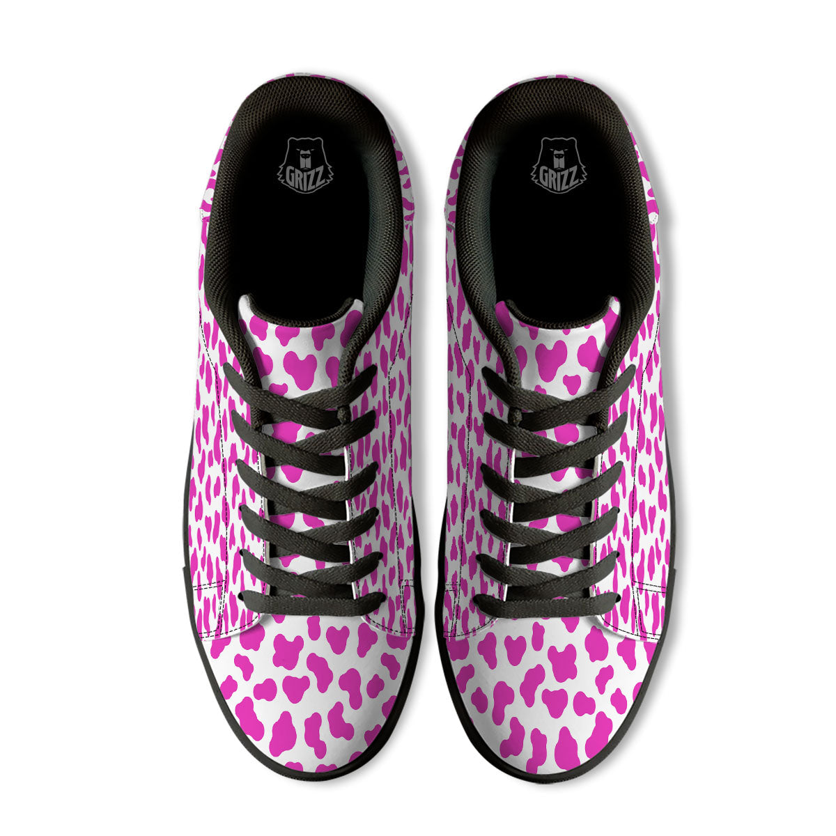 White Cow And Hot Pink Print Black Low Top Sneakers-grizzshop