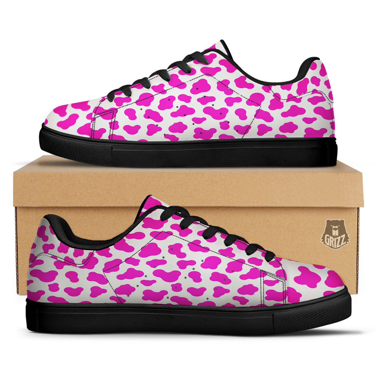 White Cow And Hot Pink Print Black Low Top Sneakers-grizzshop