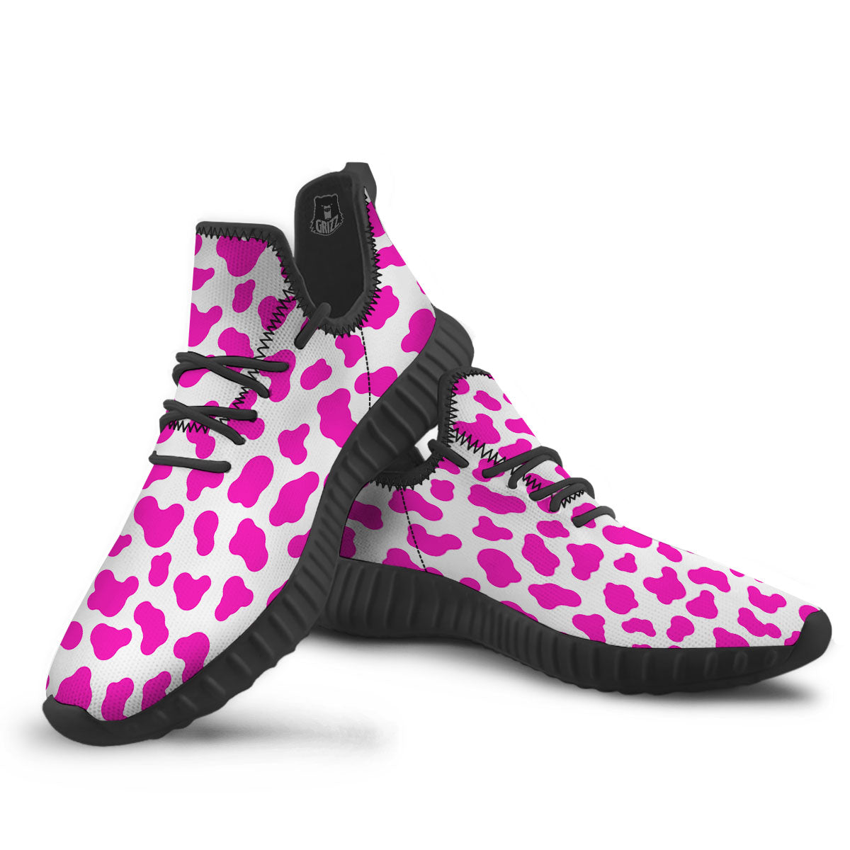 White Cow And Hot Pink Print Black Walking Shoes-grizzshop