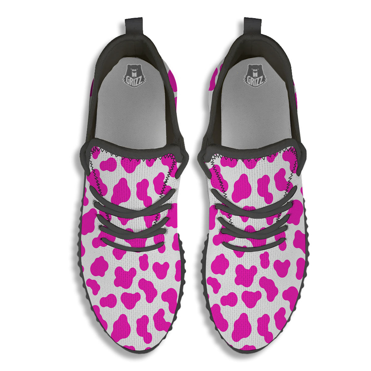 White Cow And Hot Pink Print Black Walking Shoes-grizzshop