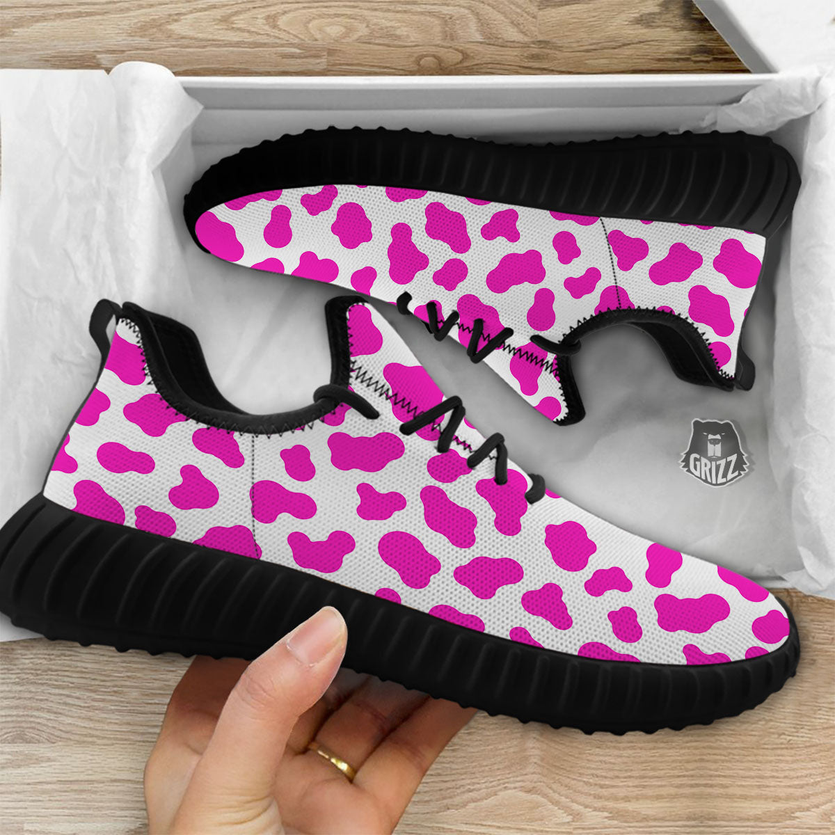 White Cow And Hot Pink Print Black Walking Shoes-grizzshop