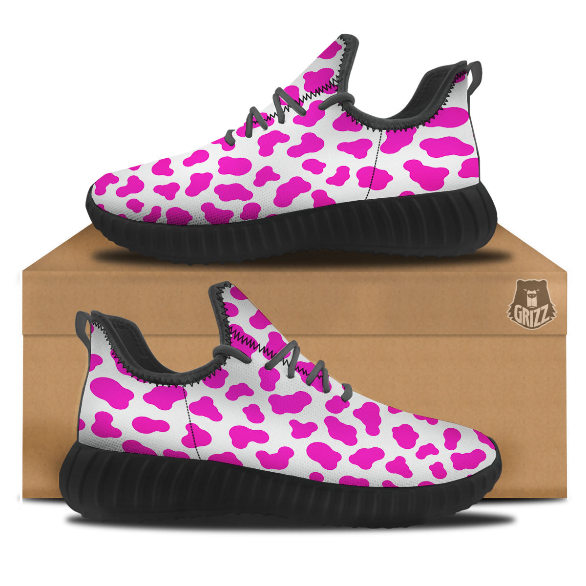 White Cow And Hot Pink Print Black Walking Shoes-grizzshop