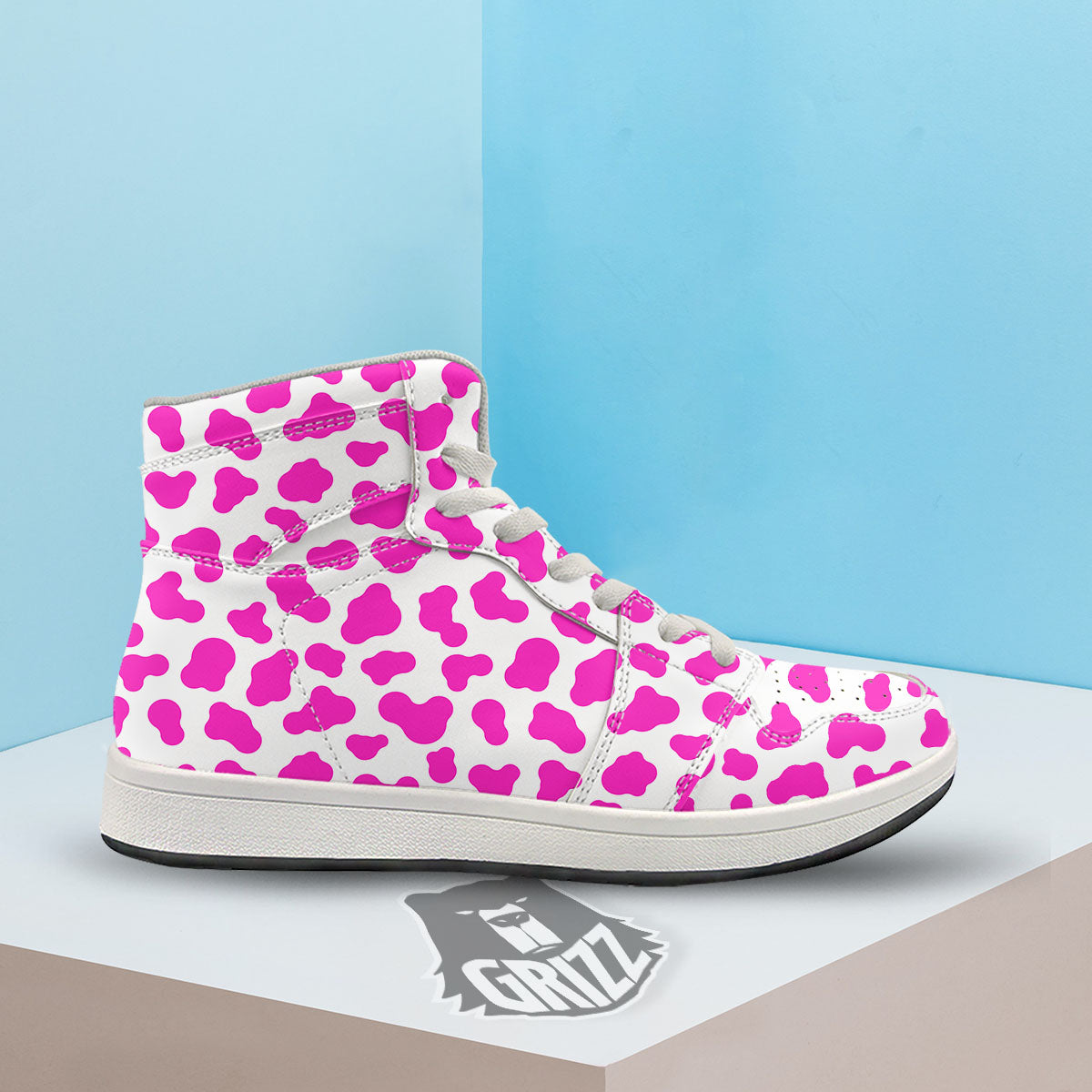 White Cow And Hot Pink Print High Top Sneakers-grizzshop