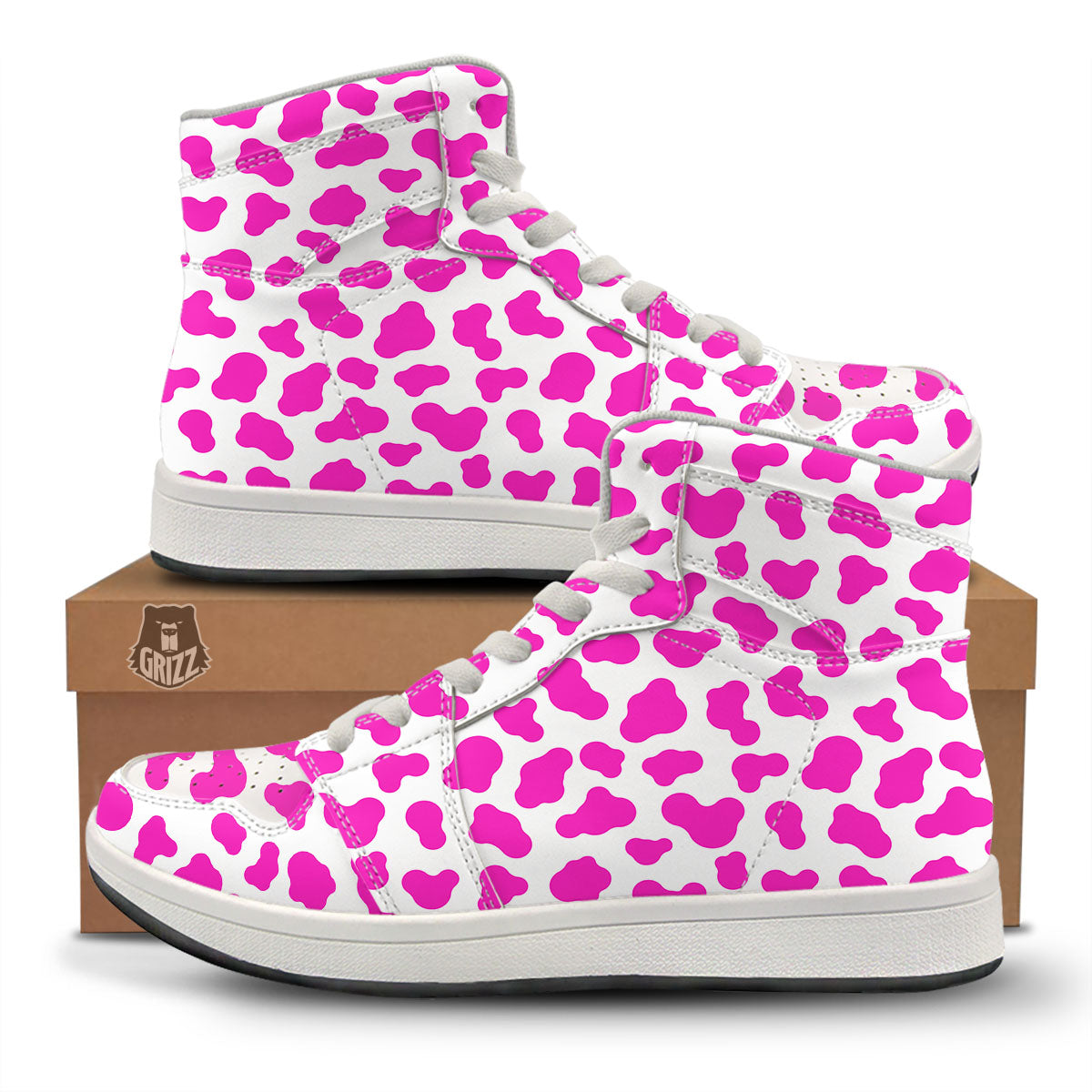 White Cow And Hot Pink Print High Top Sneakers-grizzshop