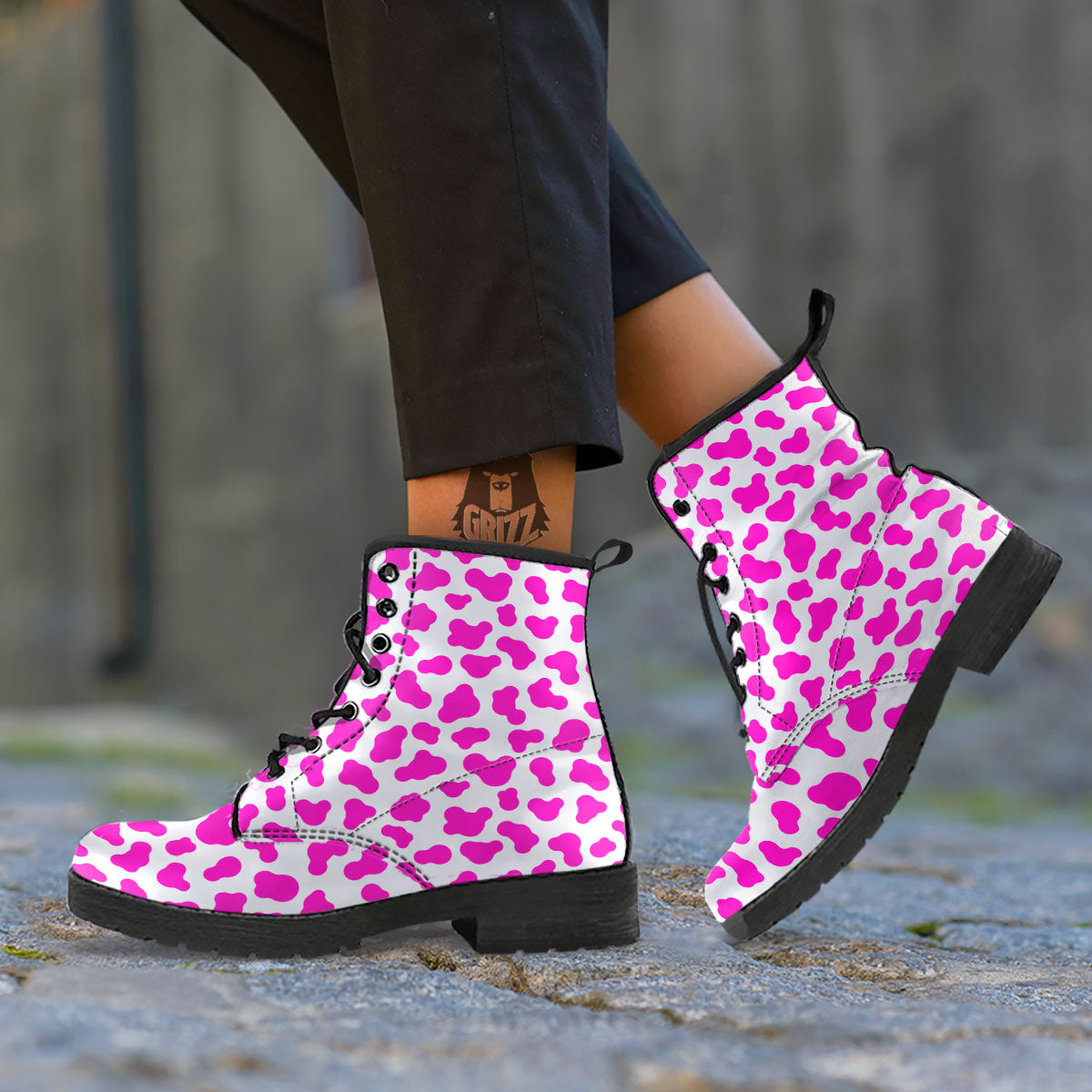 White Cow And Hot Pink Print Leather Boots-grizzshop