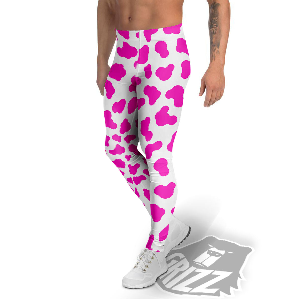 White Cow And Hot Pink Print Men's Leggings-grizzshop