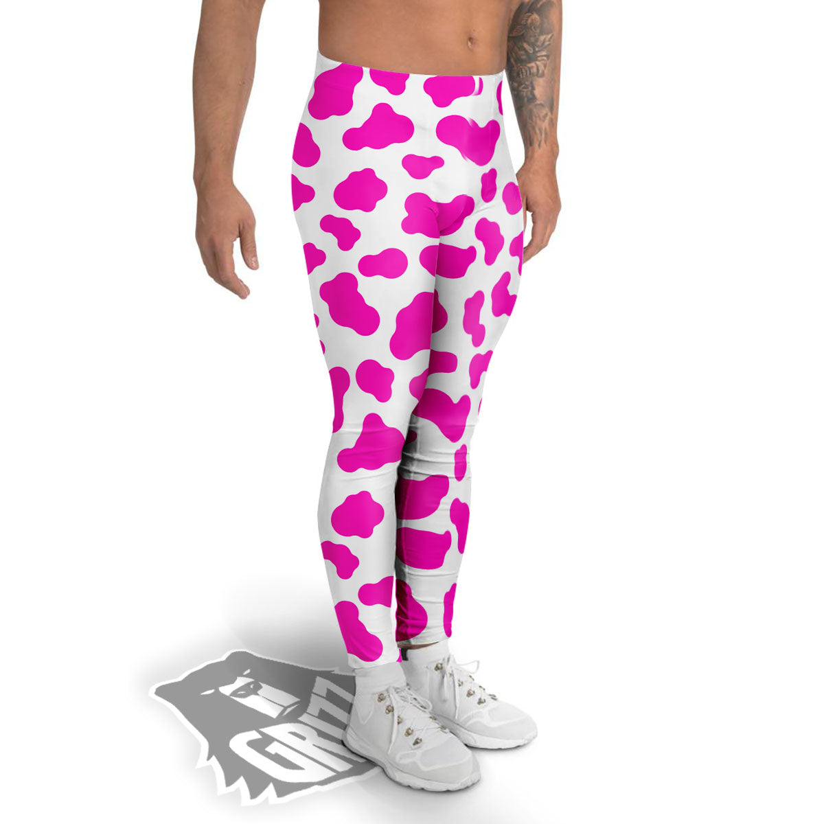 White Cow And Hot Pink Print Men's Leggings-grizzshop