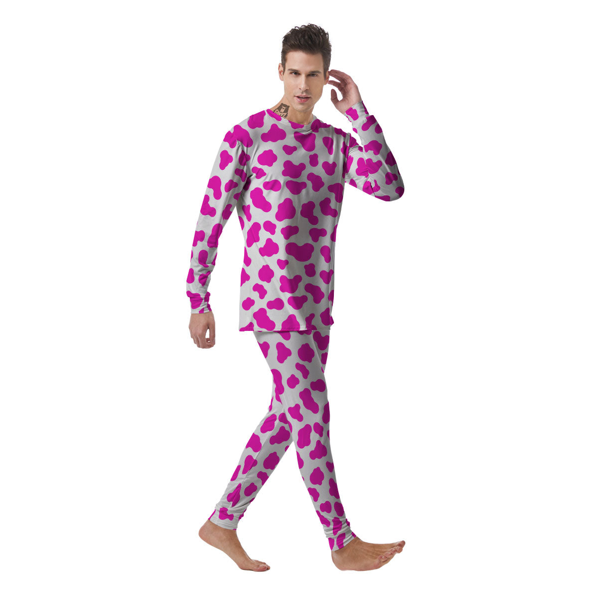 White Cow And Hot Pink Print Men's Pajamas-grizzshop