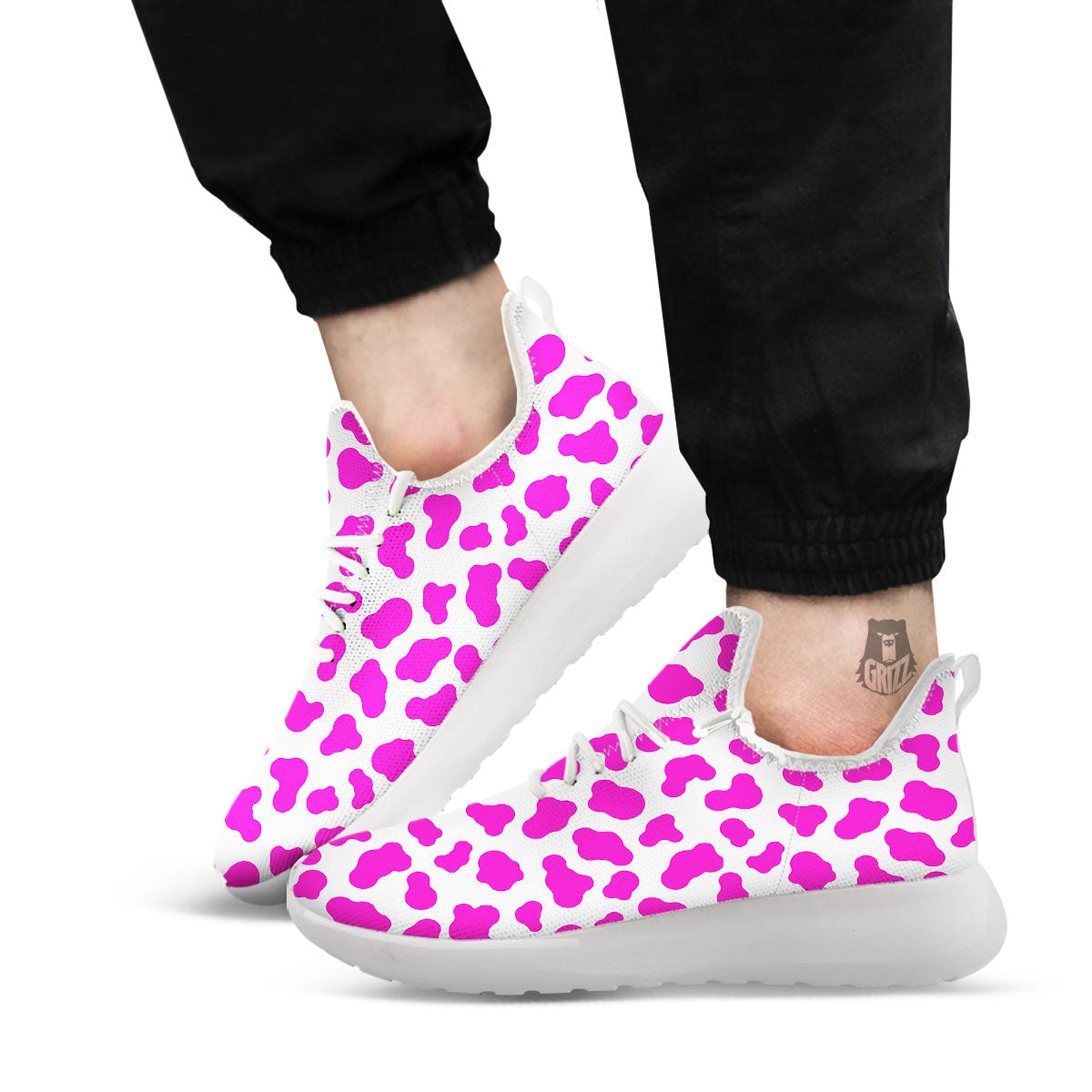 White Cow And Hot Pink Print White Athletic Shoes-grizzshop