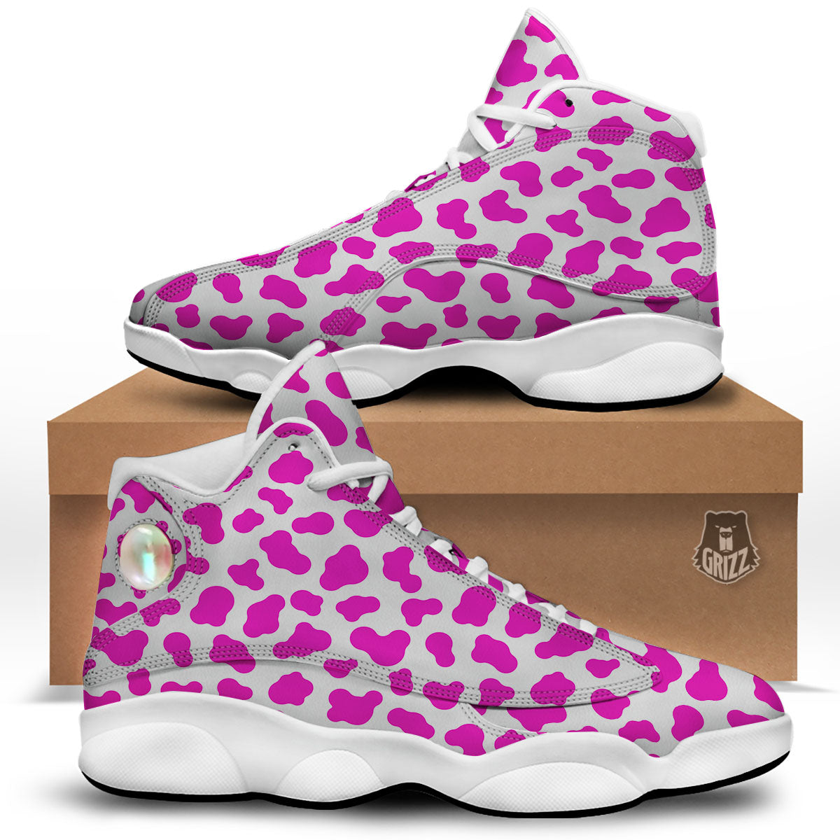 White Cow And Hot Pink Print White Basketball Shoes-grizzshop