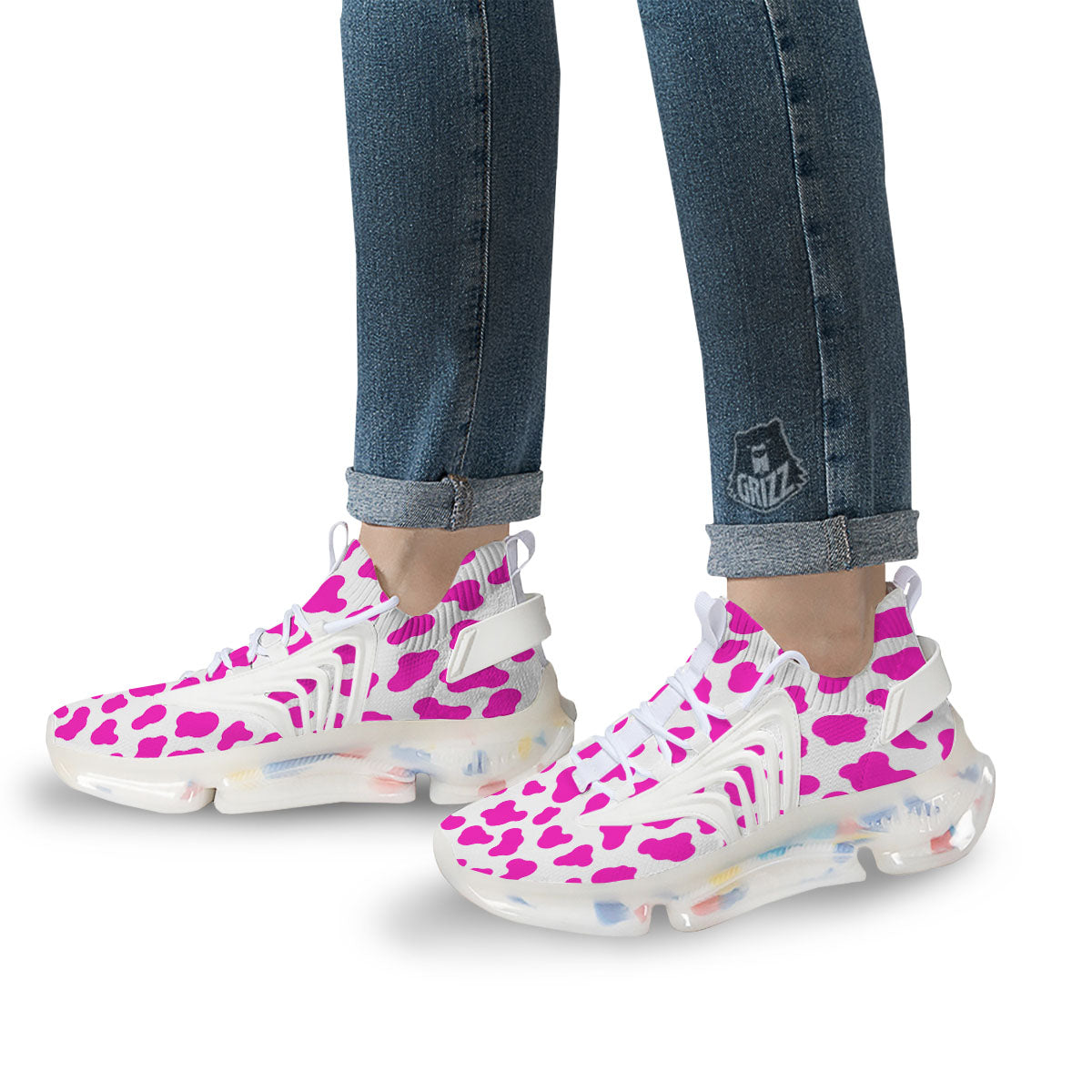 White Cow And Hot Pink Print White Gym Shoes-grizzshop