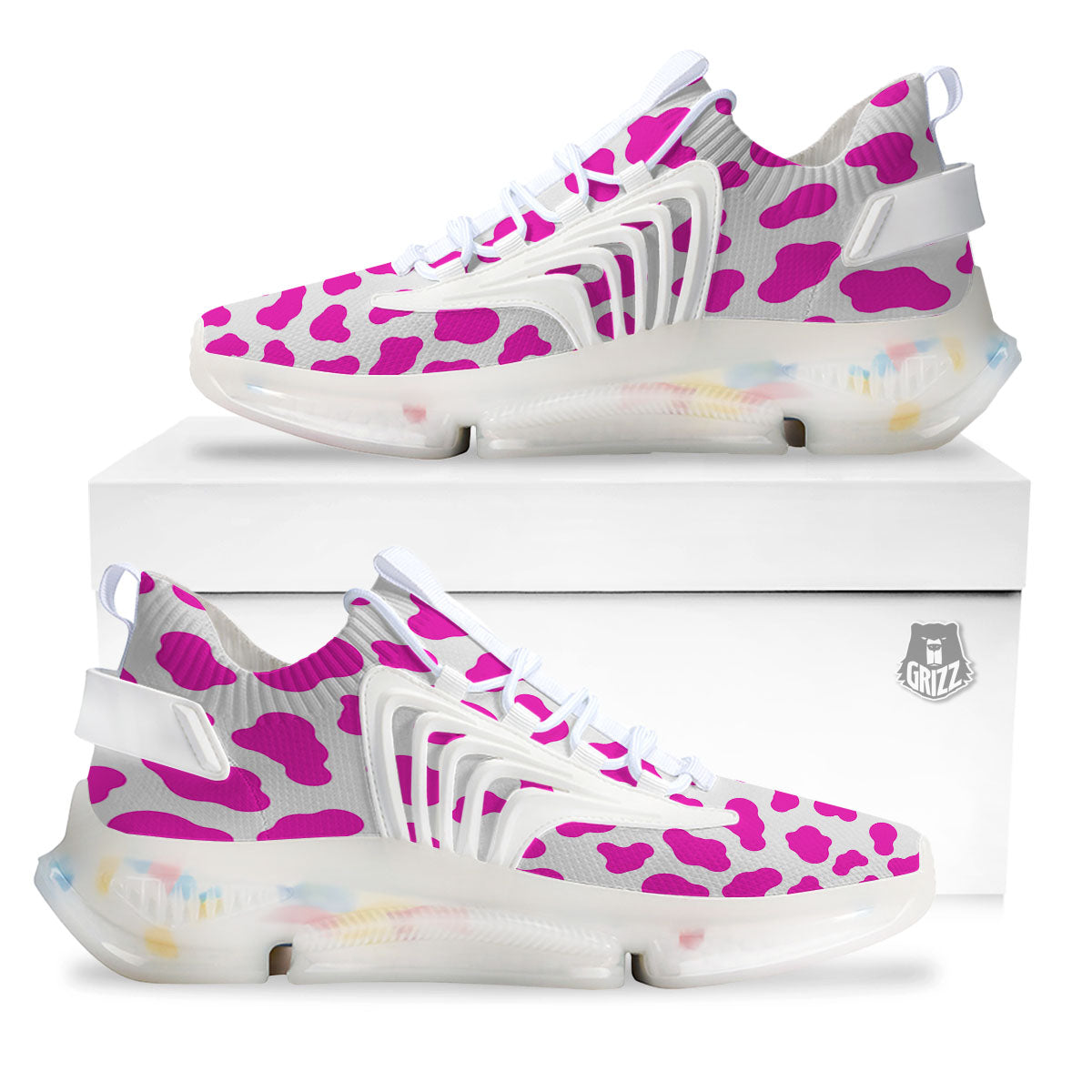 White Cow And Hot Pink Print White Gym Shoes-grizzshop