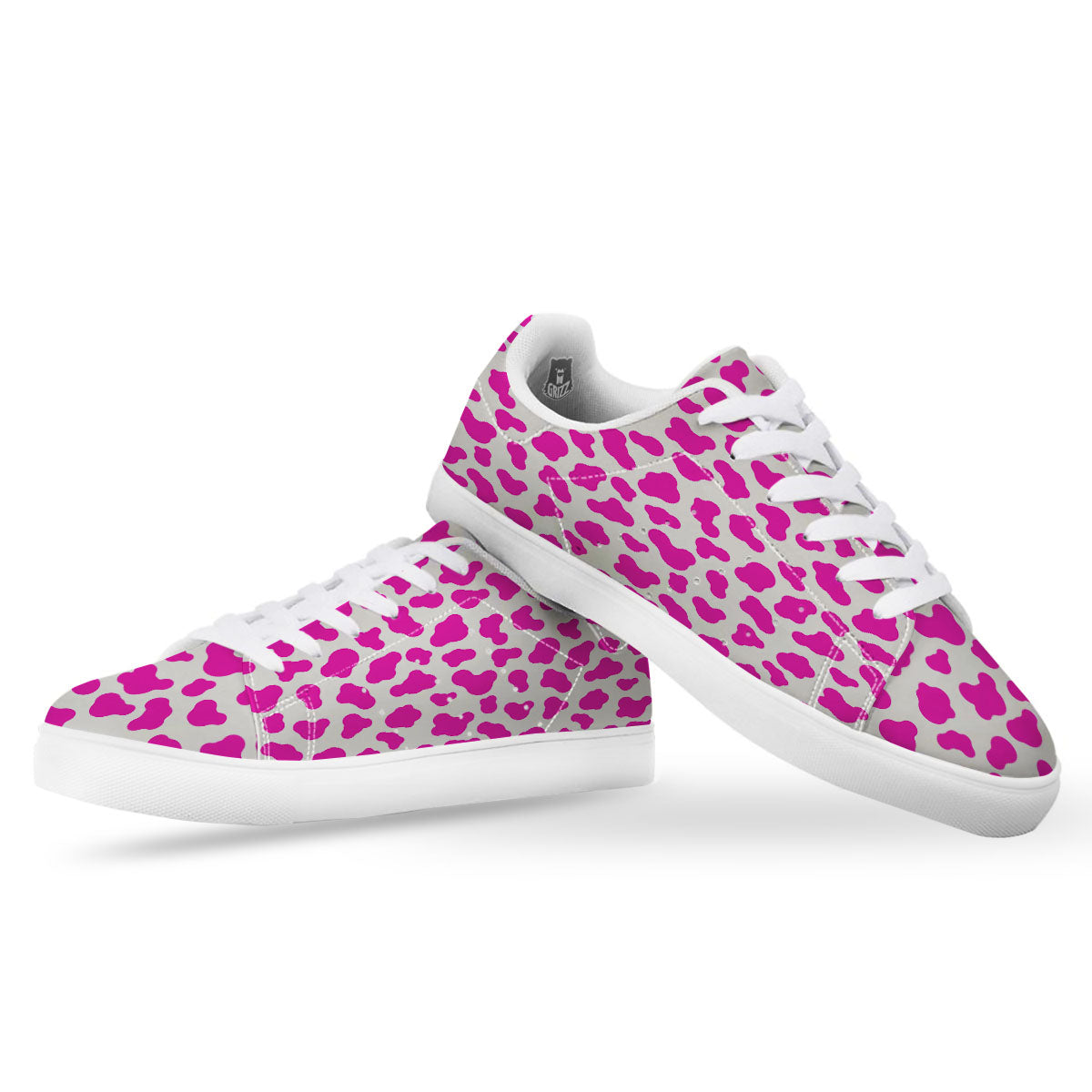 White Cow And Hot Pink Print White Low Top Sneakers-grizzshop