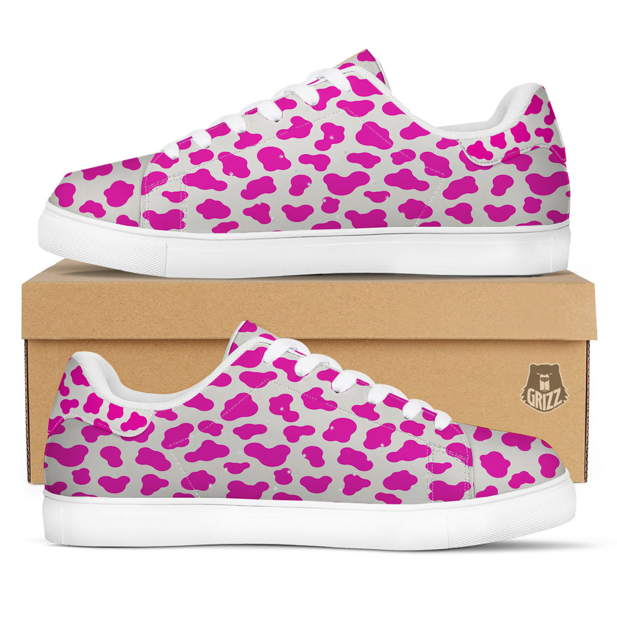White Cow And Hot Pink Print White Low Top Sneakers-grizzshop