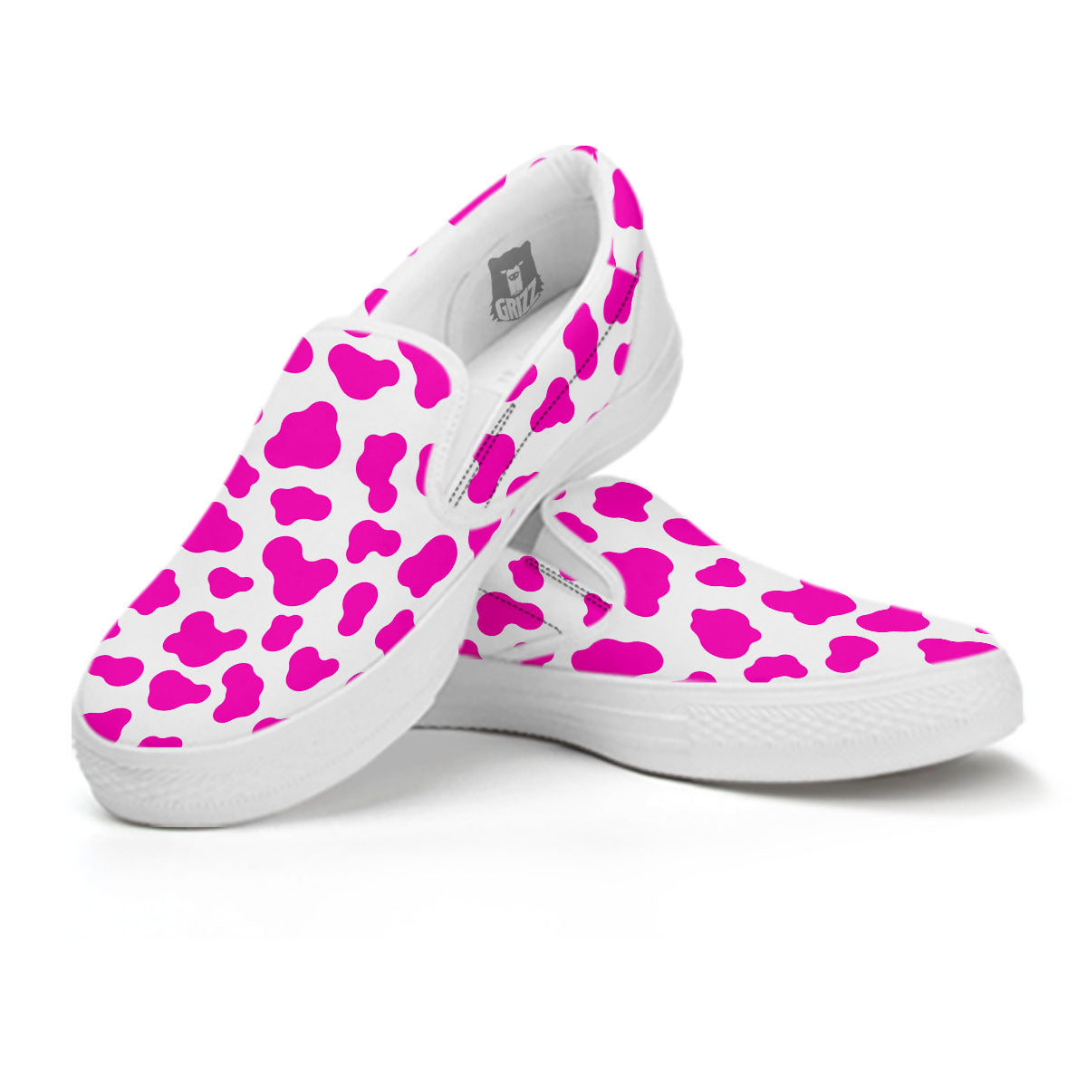 White Cow And Hot Pink Print White Slip On Shoes-grizzshop