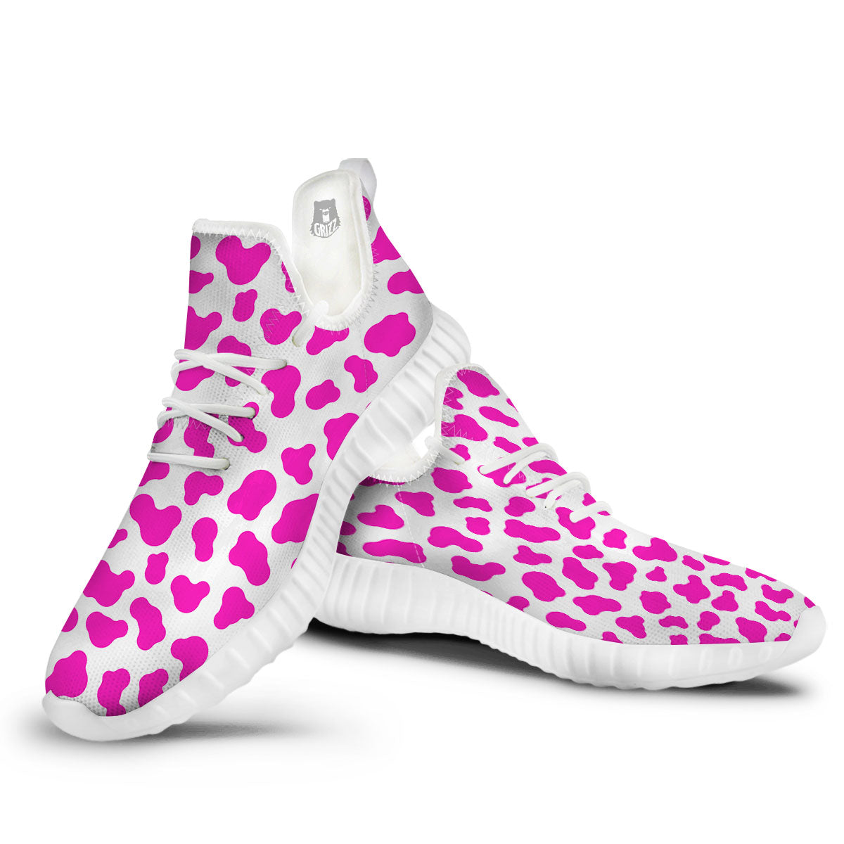 White Cow And Hot Pink Print White Walking Shoes-grizzshop