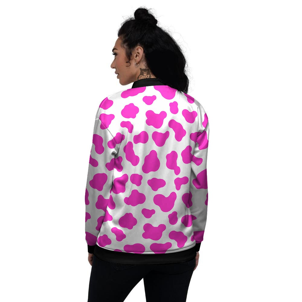 White Cow And Hot Pink Print Women's Bomber Jacket-grizzshop