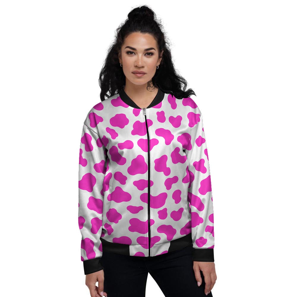 White Cow And Hot Pink Print Women's Bomber Jacket-grizzshop