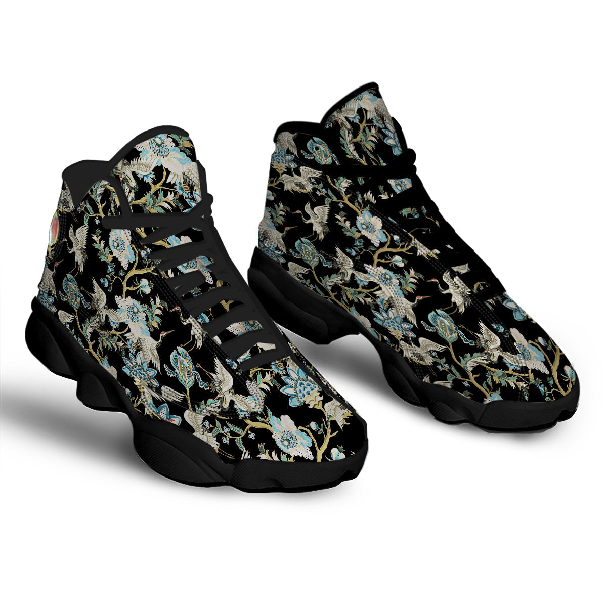 White Cranes Japanese Black Print Pattern Black Basketball Shoes-grizzshop