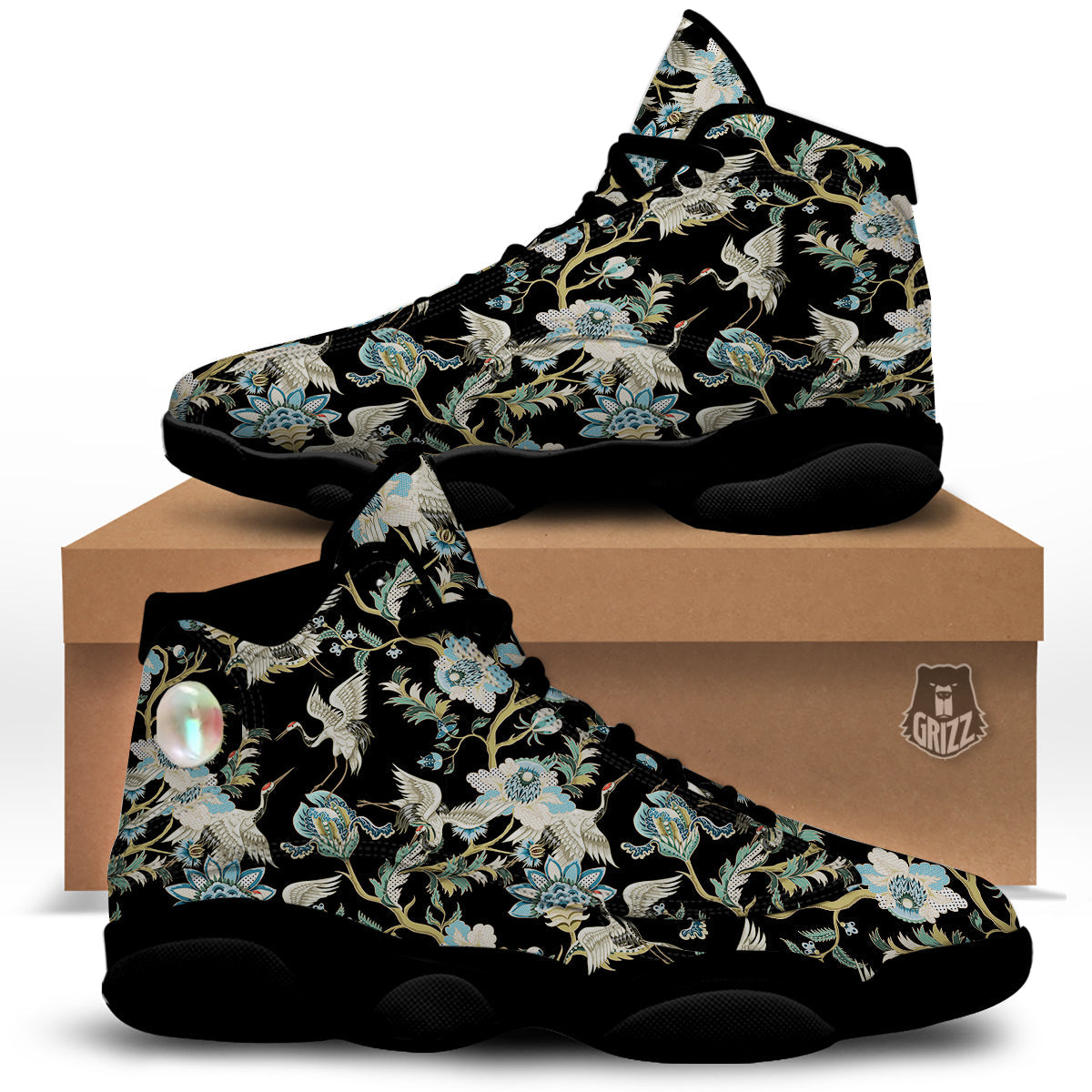 White Cranes Japanese Black Print Pattern Black Basketball Shoes-grizzshop