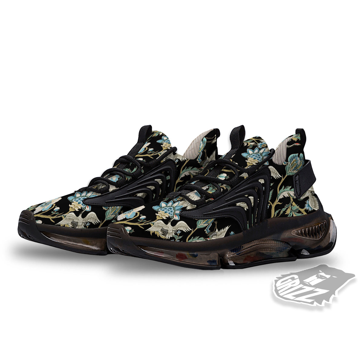 White Cranes Japanese Black Print Pattern Black Gym Shoes-grizzshop