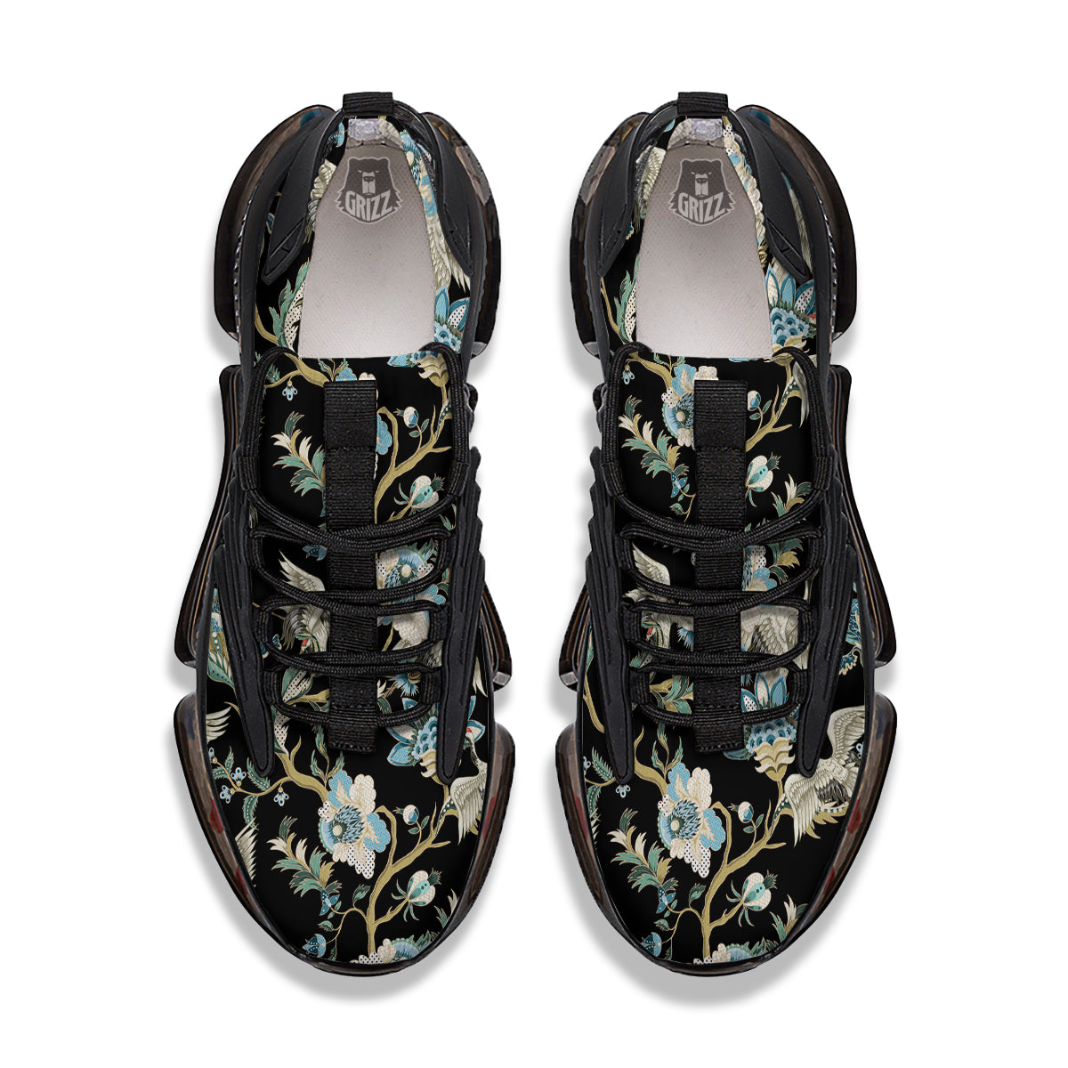 White Cranes Japanese Black Print Pattern Black Gym Shoes-grizzshop