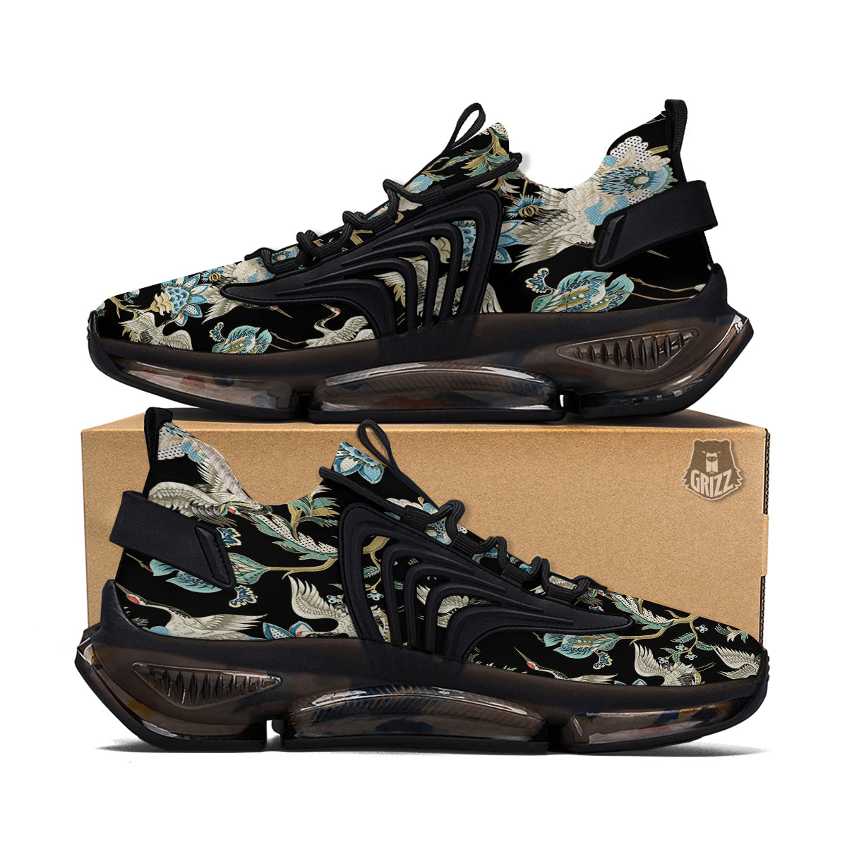 White Cranes Japanese Black Print Pattern Black Gym Shoes-grizzshop