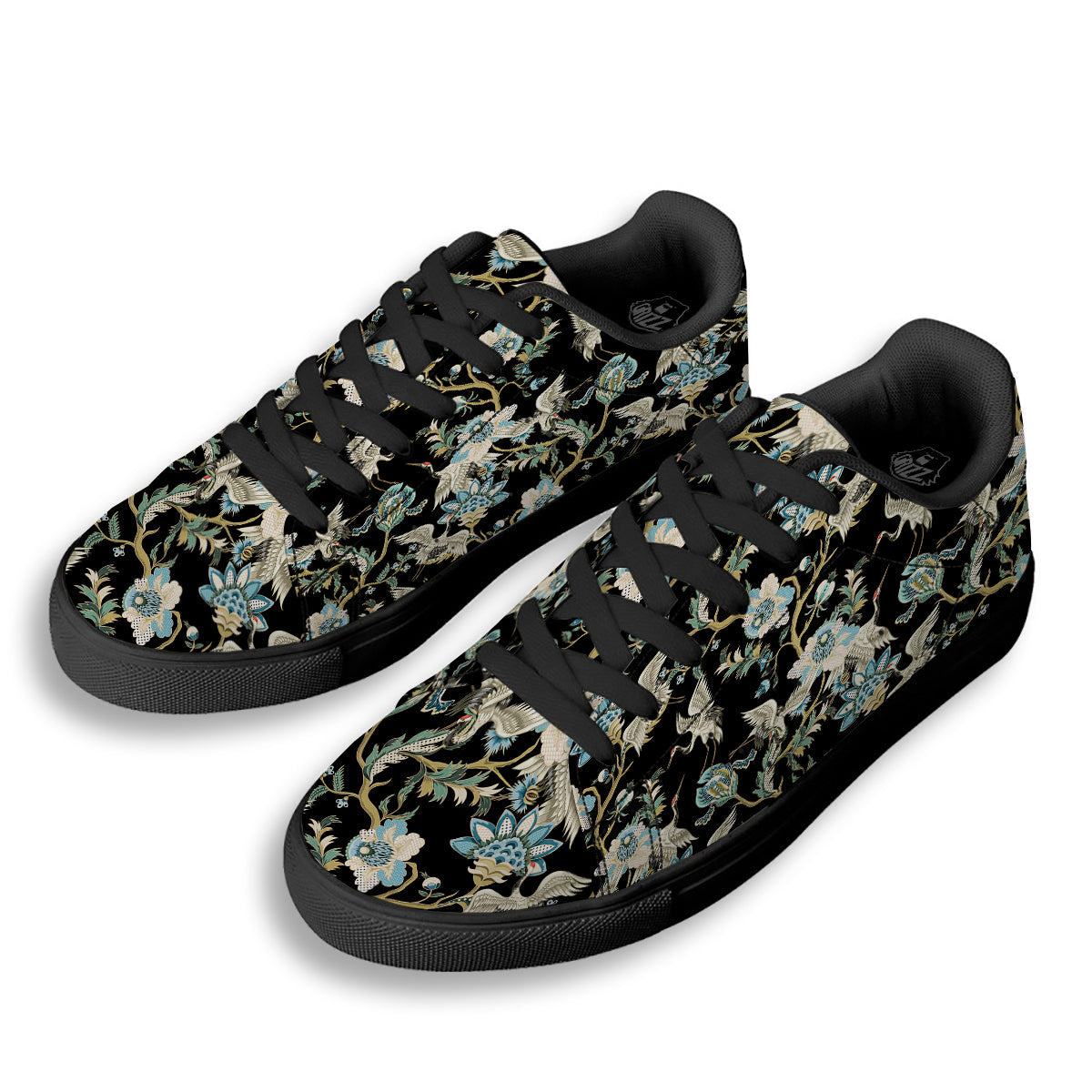 White Cranes Japanese Black Print Pattern Black Low Top Sneakers-grizzshop