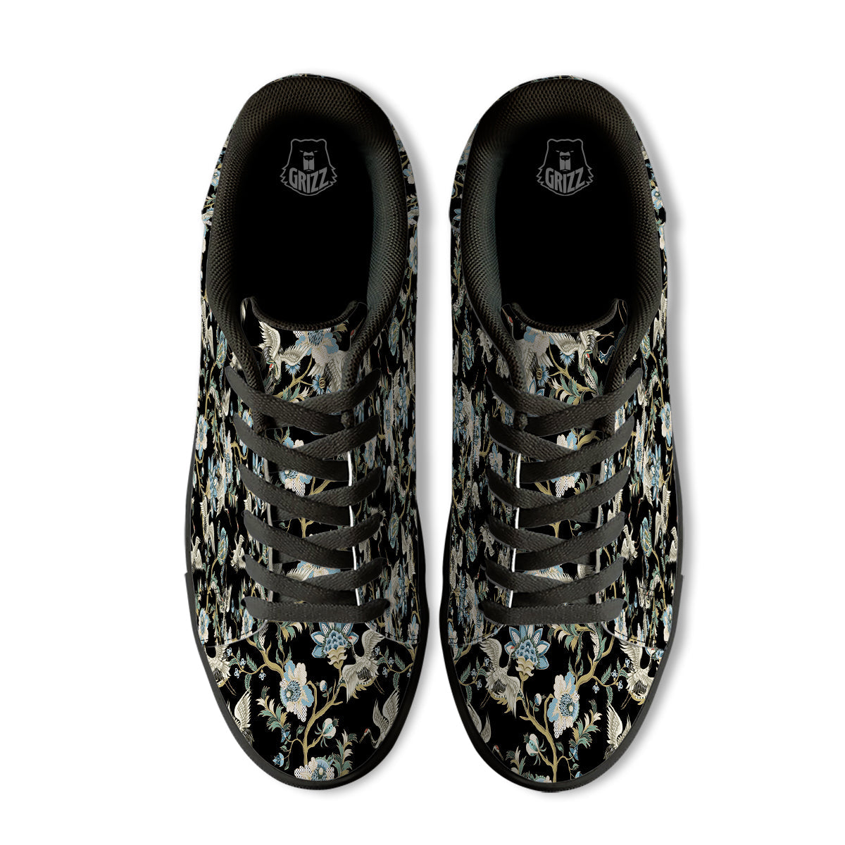 White Cranes Japanese Black Print Pattern Black Low Top Sneakers-grizzshop