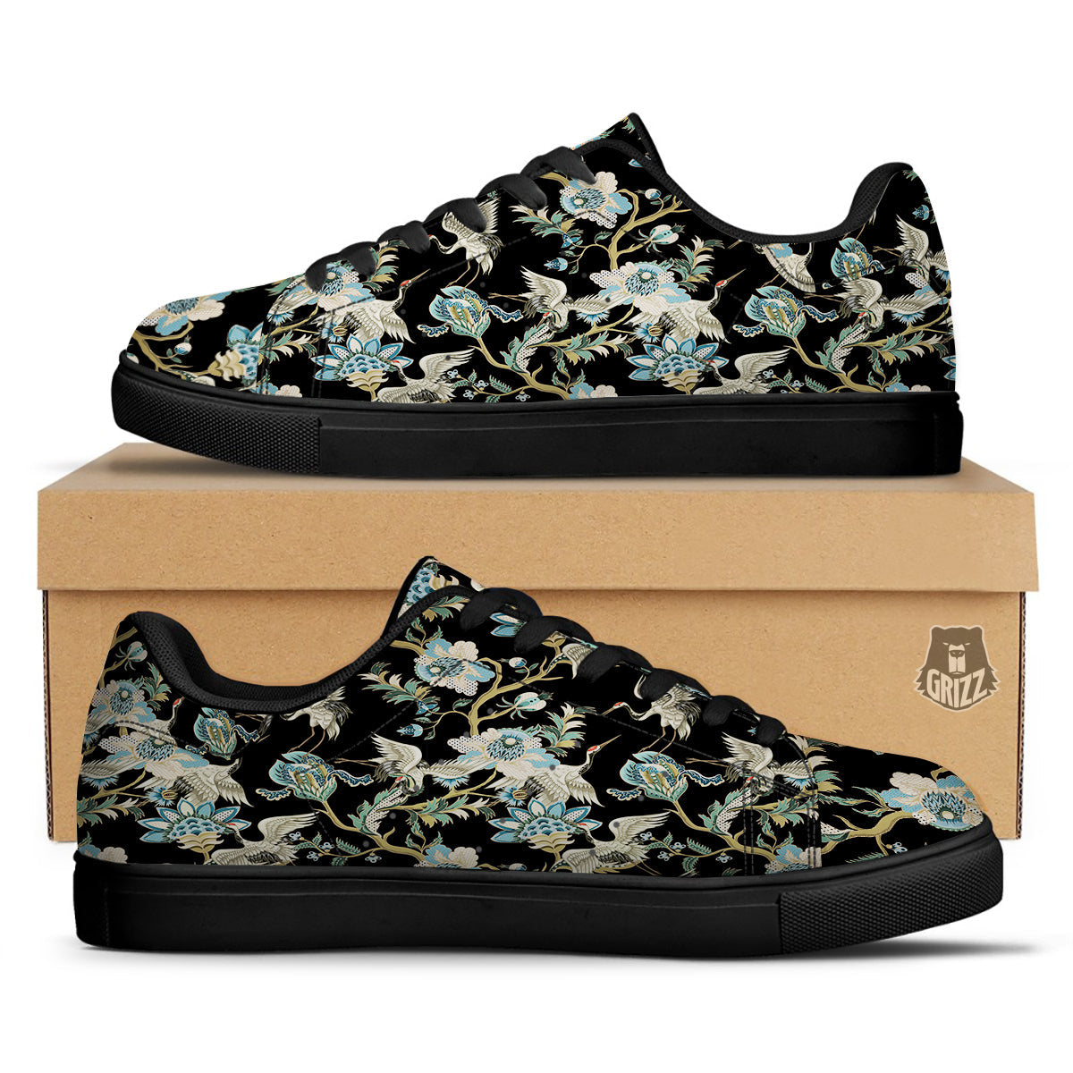White Cranes Japanese Black Print Pattern Black Low Top Sneakers-grizzshop