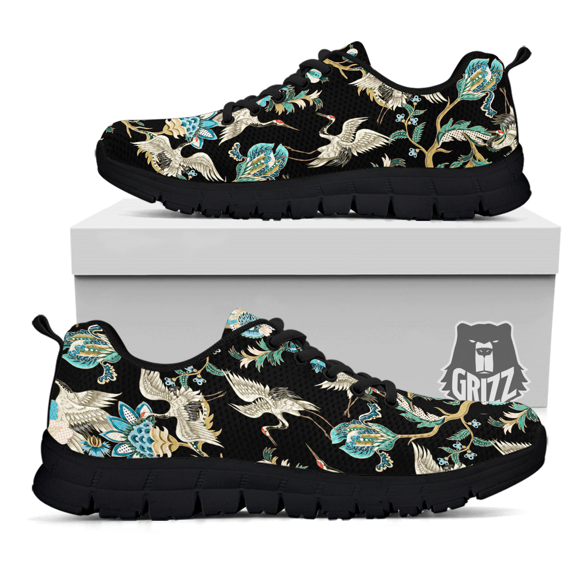 White Cranes Japanese Black Print Pattern Black Sneaker-grizzshop