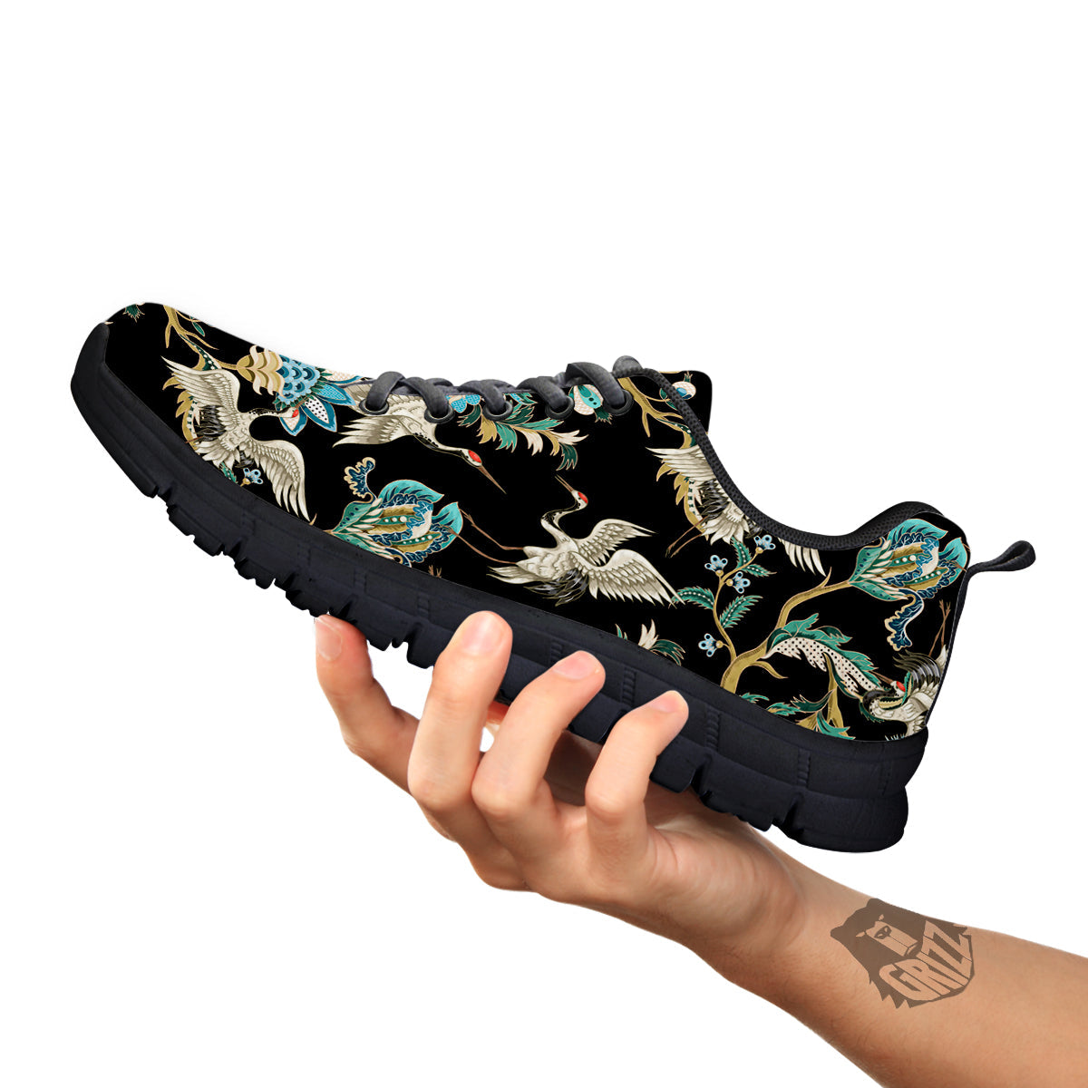 White Cranes Japanese Black Print Pattern Black Sneaker-grizzshop