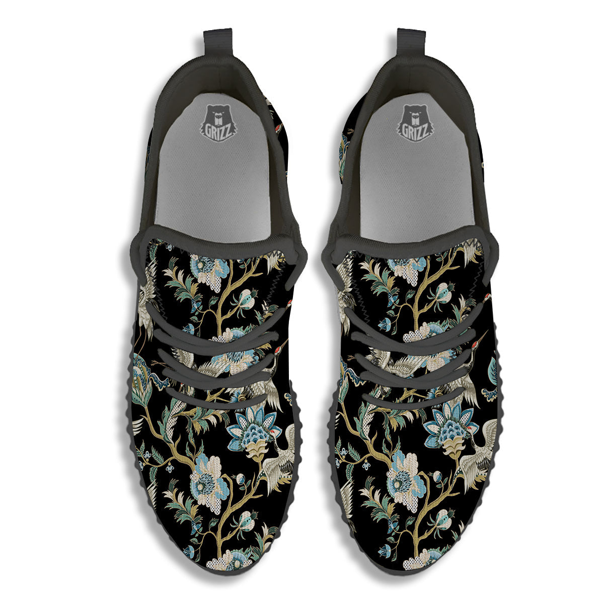 White Cranes Japanese Black Print Pattern Black Walking Shoes-grizzshop