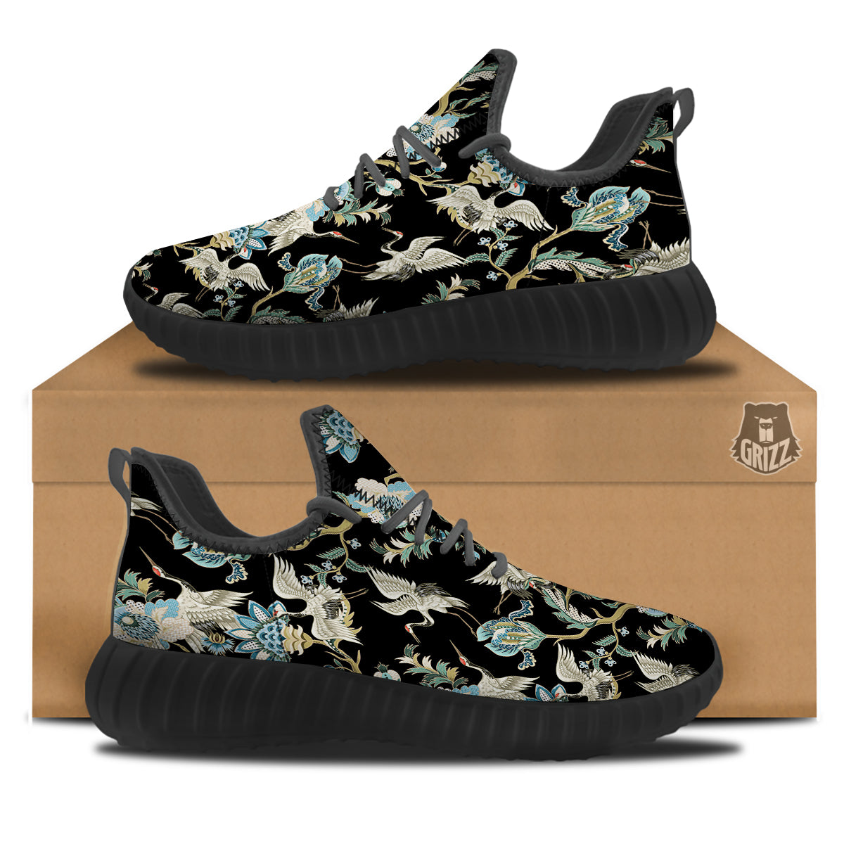 White Cranes Japanese Black Print Pattern Black Walking Shoes-grizzshop